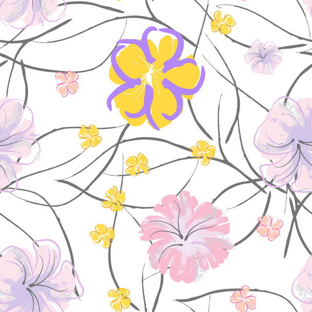 Pink Flowers Blooming Pattern. Pastel Watercolor Floral Print. Little Pink, Yellow, Lilac flower on grey leaf. Elegant brush Background. Seamless Botanical Vector Surface. Texture For Fashion Prints. - Vettoriali, immagini
