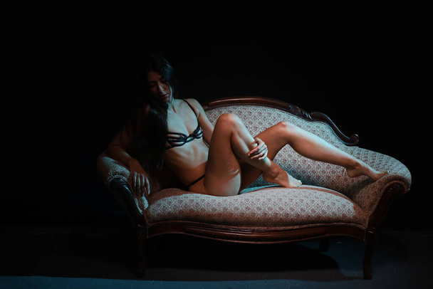 Photoshoot of A beautiful nude white model in a studio - Zdjęcie, obraz