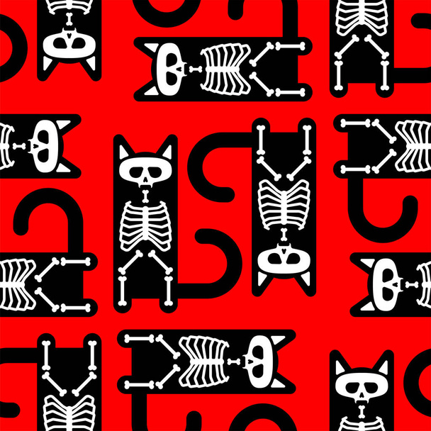 Skeleton cat pattern seamless. Skull and bones pet background. vector texture - Vektor, kép