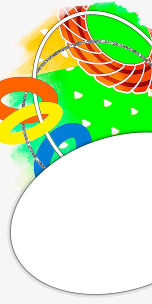 Cartoline e striscioni. Illustrazione digitale di sublimazione di texture multicolore con cerchi e anelli. Disegno lucente colorato di un giocattolo da bambini.Vuoto, sagoma. Vacanze, inviti, saluti. - Foto, immagini