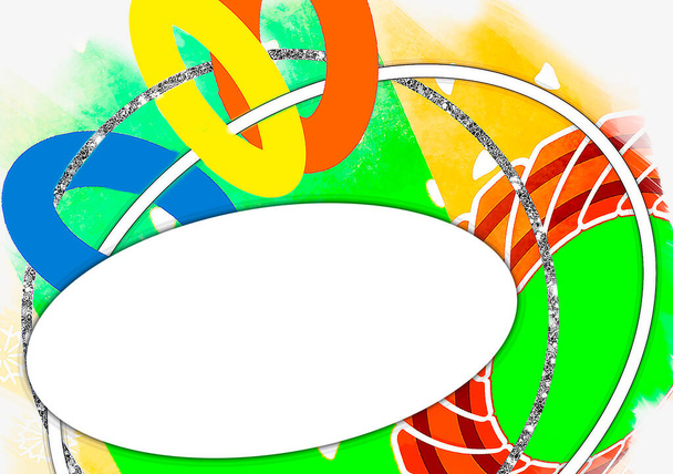 Postkarten und Banner. Digitale Sublimationsillustration einer mehrfarbigen Textur mit Kreisen und Ringen. Bunte, helle Zeichnung eines Kinderspielzeugs. Leer, Vorlage. Feiertage, Einladungen, Grüße. - Foto, Bild