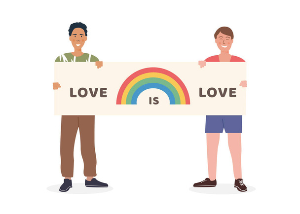 Гей пара з гордістю парад, що тримає плакат з райдужним прапором і гаслом "Любов - це любов". Люди демонструють за рівні права. ЛГБТ-активісти. Статеве розмаїття. Векторні символи на білому тлі. - Вектор, зображення
