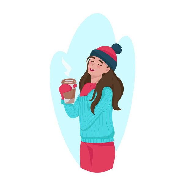 Glückliches Mädchen mit Wintermütze und Fäustlingen, die Kaffee halten und das Leben genießen, Wintercharakter, Vektor-Illustration auf weißem Hintergrund in flachem Stil, isolieren - Vektor, Bild