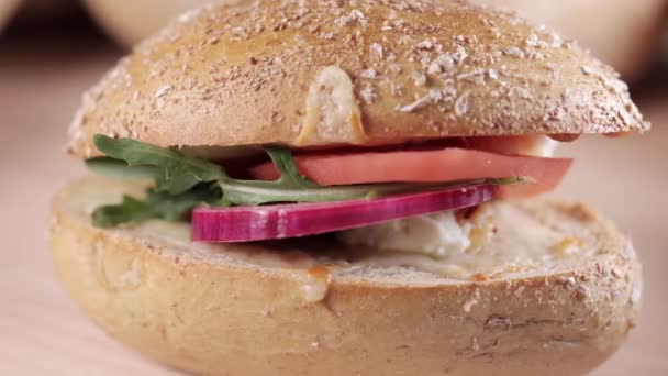 Preparing sandwich on breakfast table full of vegtables.  - Footage, Video