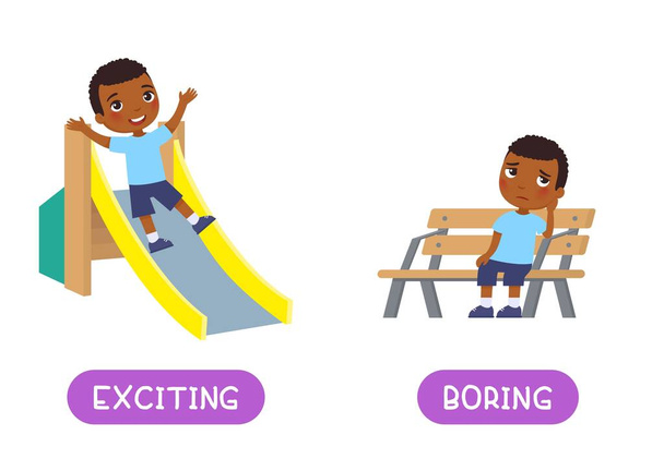 Excited and calm antonyms word card, Opposites concept. Flashcard for English language learning. Happy African little boy is sliding down the slide, dark skin child is sitting and bored on the bench - Vektor, obrázek