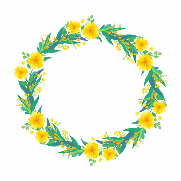 Bordure florale jaune vierge pour les messages sur les médias sociaux, design de carte de vœux. Cadre rond vide avec fleurs jaunes printanières et feuilles vertes.  - Vecteur, image