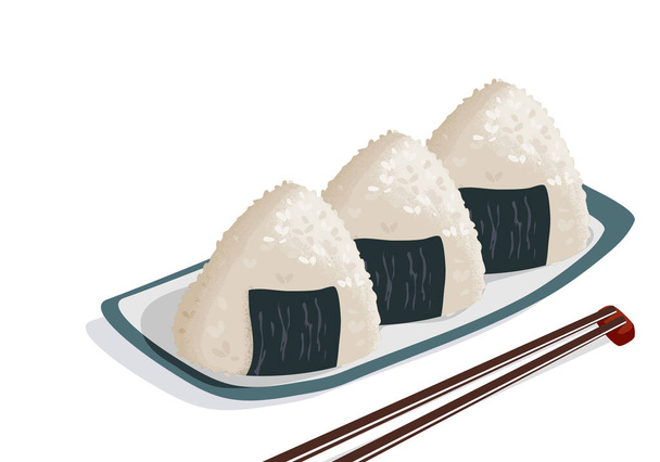 Onigiri, omusubi, nigirimeshi, ή ιαπωνική μπάλα ρυζιού. Απομόνωσε ένα πιάτο Onigiri με ξυλάκια σε λευκό φόντο. Ασιατική απεικόνιση φορέα σχεδίασης τροφίμων. Κλείσιμο ρεαλιστικού διανύσματος.   - Διάνυσμα, εικόνα