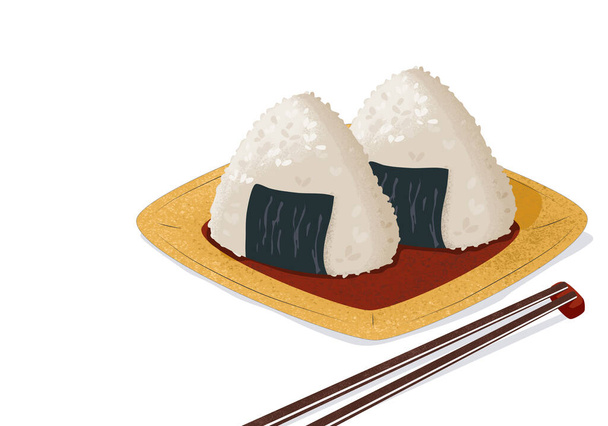 Onigiri, omusubi, nigirimeshi of Japanse rijstbal. Geïsoleerde Onigiri op gele plaat met eetstokje op witte achtergrond. Aziatische voedseltekening vector illustratie. Close-up realistische vectortekening.   - Vector, afbeelding