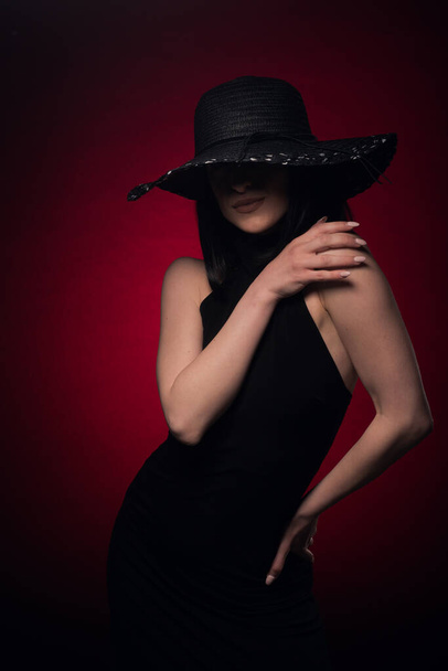 Aantrekkelijk en elegant meisje heeft een grote weide op de set terwijl poseren in haar zwarte jurk - Foto, afbeelding