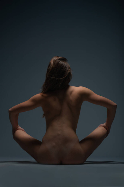 Back view of a sexy attractive nude woman sitting curled up on the floor - Photo, Image