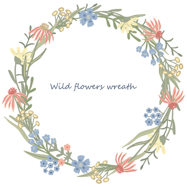 Herbal  round frame or wreath decorated with wild or meadow flowers.  Summer floral design. Great for greeting card, posters, blog decorating. Hand drawn vector illustration isolated on white. - Вектор,изображение
