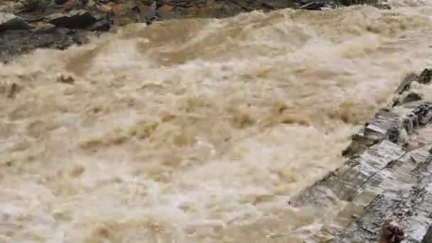 Naturkatastrophen und Extremwetter. Wütender Fluss mit schmutzigem Wasser - Filmmaterial, Video