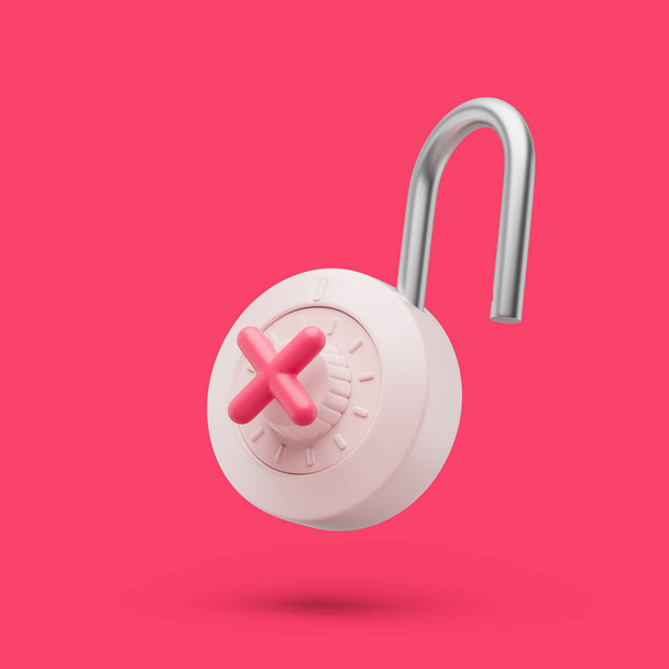 Padlock unlocked icon with red cross simbol simple 3d render illustration on green background - Photo, Image