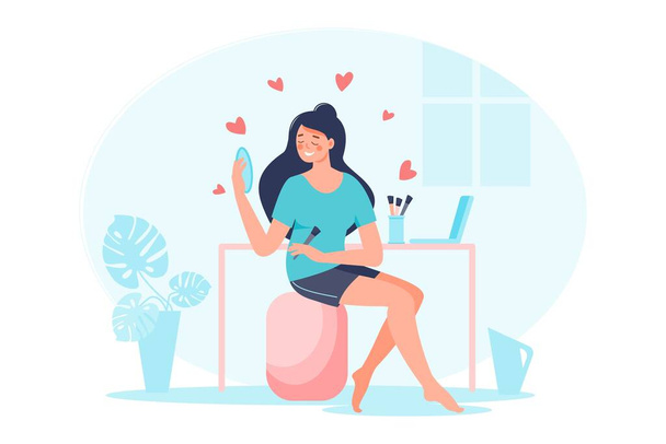 Woman sitting in front of makeup table. Love yourself concept. Smiling girl watching mirror with hearts, plant. Design for banner, flyer, card - Vector, Image