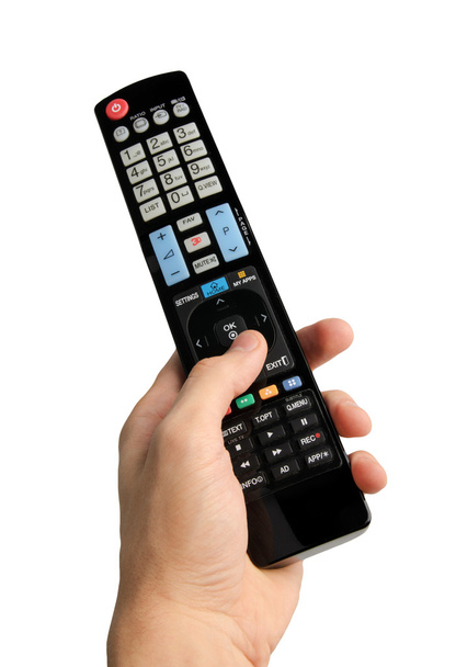 Male hand holding tv remote control isolated on white - Photo, Image