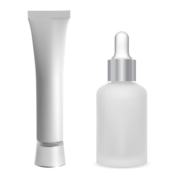 Kozmetik serumu şişesi ve düşürücü. Merhem tüpü gümüş konteynır 3D model. Gerekli yağ şişesi, cam şişe. Göz damlası kavanozu, aroma esansı sıvı ot. Tıbbi tedavi - Vektör, Görsel