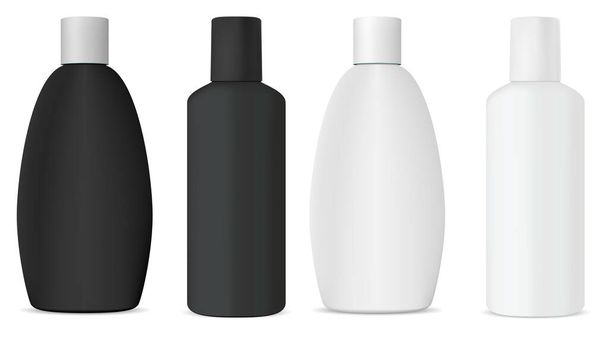 Καλλυντικό μπουκάλι σαμπουάν λευκό mockup, 3d διανυσματικό πρότυπο σχεδιασμού. Μονωμένο δοχείο προϊόντος ομορφιάς για τζελ, υγρό σαπούνι, ρεαλιστικό πλαστικό πρότυπο. Συλλογή μπάνιου - Διάνυσμα, εικόνα