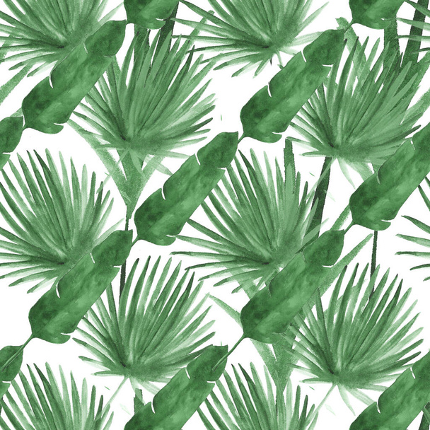 Bohemian Female Seamless Tropical Watercolor Pattern, Banana and Fan Leaves. Botanical Retro Jungle Textile Design Hipster Summer Background. Hand Drawn Leaves, Seamless Tropical Watercolor Pattern - Фото, зображення