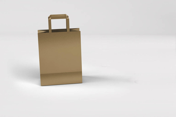 白い背景にハンドル付きクラフト紙からのショッピングバッグのビューを閉じ、 3Dレンダリング孤立イラスト。要素設計に適しています. - 写真・画像
