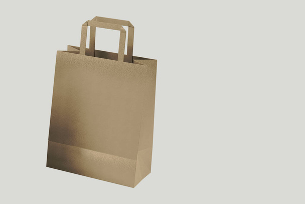 Zblízka pohled na nákupní tašku z řemeslného papíru s rukojetěmi na bílém pozadí, 3D vykreslování izolované ilustrace. vhodné pro design prvků. - Fotografie, Obrázek