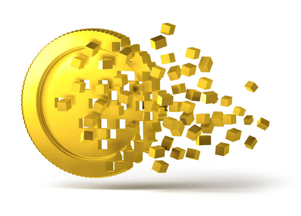 Crypto valuta gouden virtuele geld munt breken in verspreide digitale pixel blokken, 3D cryptogeld prijzen concept - Foto, afbeelding