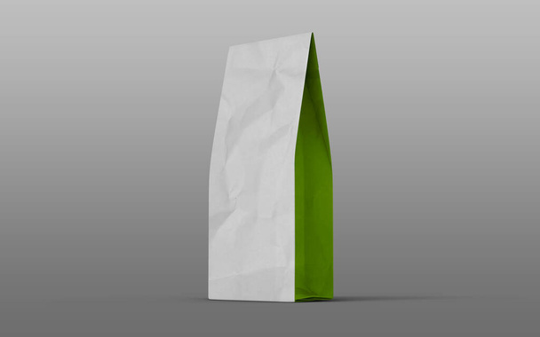 Tea tai kahvi paperi pakkaus pussi vihreä puolella eristetty valkoisella pohjalla. 3d-renderointi. - Valokuva, kuva