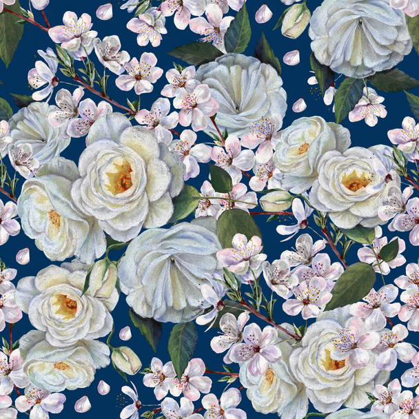 Flowers rose with leaves draw in colored pencils and branch watercolor  flowers cherry. Spring composition. Seamless pattern on blue background. - Photo, Image