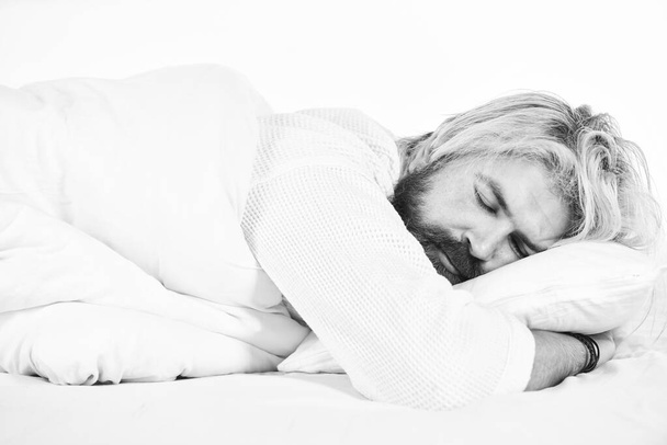 Having nap. Sweet dreams. Hipster with beard fall asleep. Good night. Mental health. Practice relaxing bedtime ritual. Man with sleepy face lay on pillow. Fast asleep concept. Man with beard relaxing - Foto, afbeelding