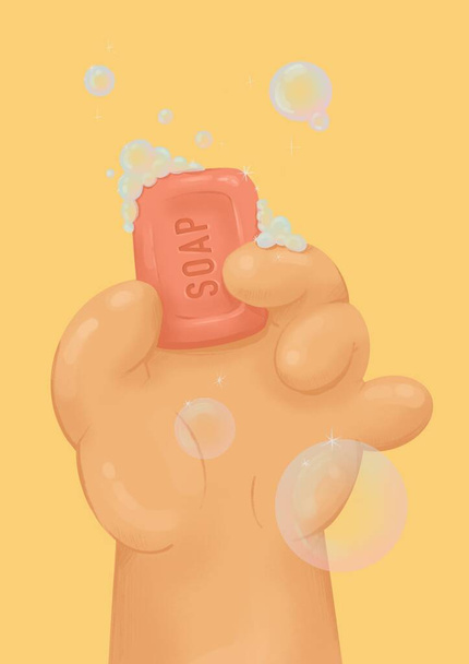 Barra rosa di sapone in schiuma e bolle tenuto da una mano su uno sfondo giallo. - Foto, immagini