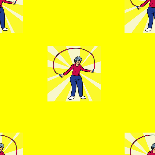 Mulher com pular corda, esportes e estilo de vida ativo no fundo amarelo. Padrão sem costura vetorial, ilustração, design decorativo para tecido ou papel. Ornamento - Vetor, Imagem