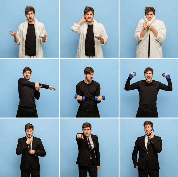 Collage van jonge man in verschillende soorten beroep geïsoleerd op blauwe achtergrond - Foto, afbeelding