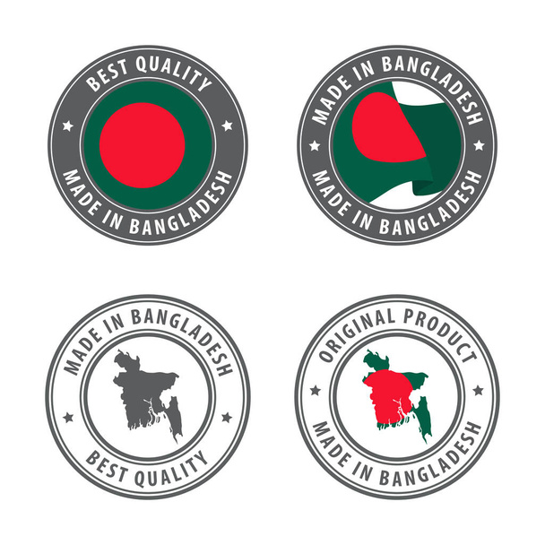 Valmistettu Bangladeshissa - sarja tarroja, postimerkkejä, merkkejä, Bangladeshin kartalla ja lipulla. Parasta laatua. Alkuperäinen tuote. - Vektori, kuva