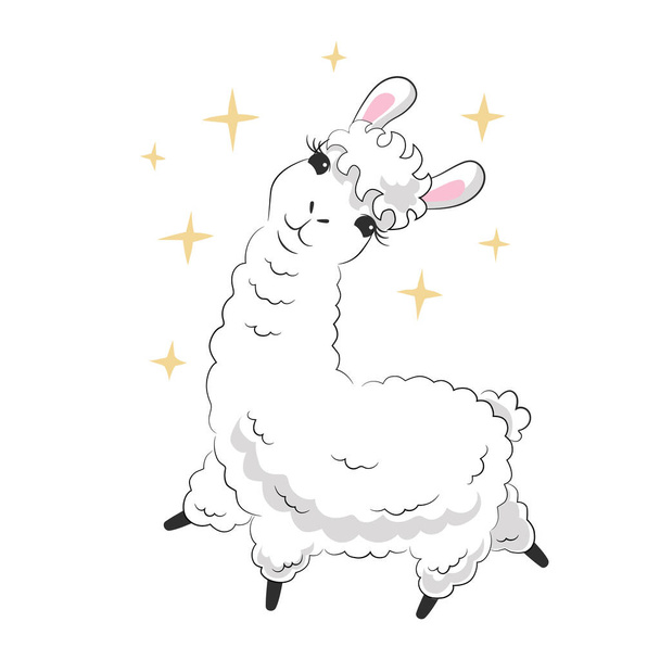 Cute fluffy llama surrounded by sparks. Hand drawn white alpaca and stars. Childish character design. Nursery decoration. Stock vector illustration isolated on white background - ベクター画像