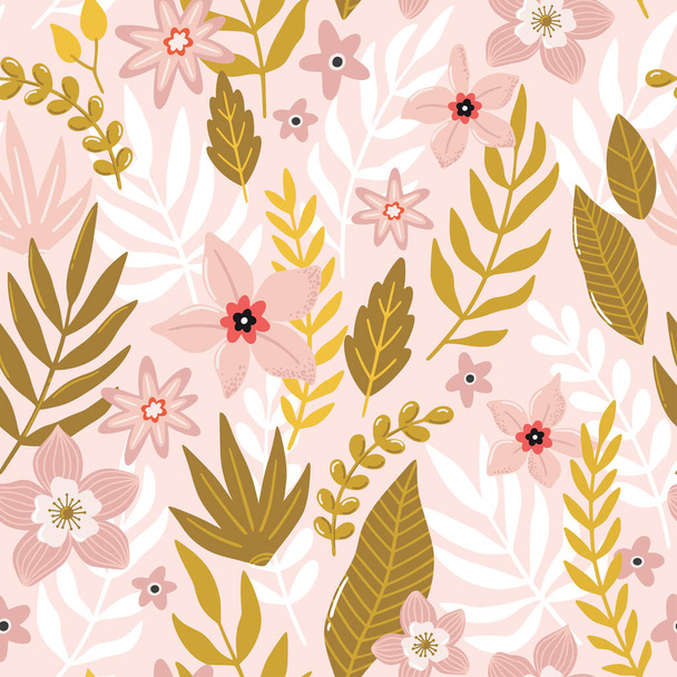 Tropical seamless pattern with exotic flowers, branches and leaves on pink background. Hand drawn vector illustration. Summer endless texture for wrapping, textile, fabric design. - Διάνυσμα, εικόνα