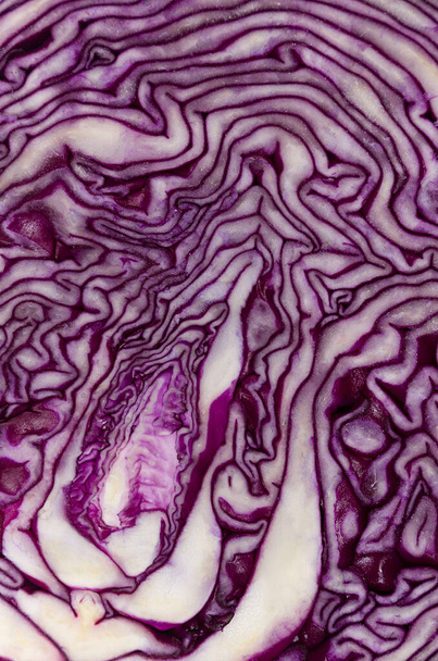 Vegetable colorful abstract texture - slice of red cabbage closeup, top view. - 写真・画像