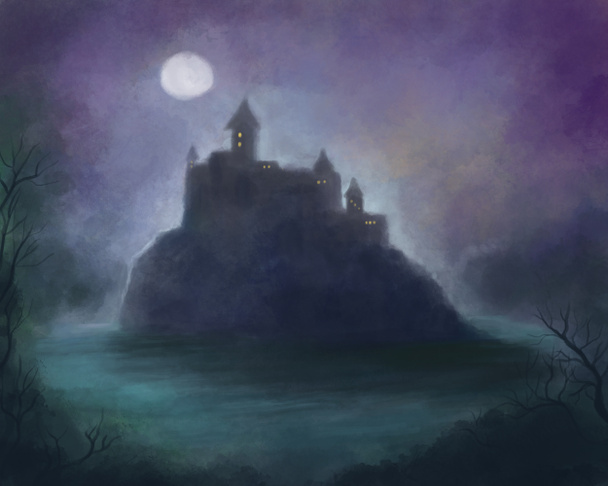 Illustratie van een mythisch mysterieus kasteel dat bij volle maan op een rots staat. Abstract mistig donker beeld - Foto, afbeelding