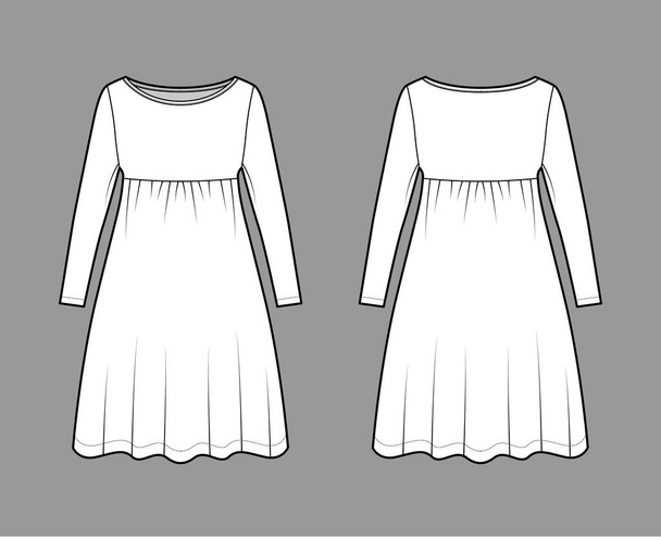 Сукня babydoll технічна модна ілюстрація з довгими рукавами, великим тілом, довжиною коліна А-лінії спідниці, човна шиї
 - Вектор, зображення