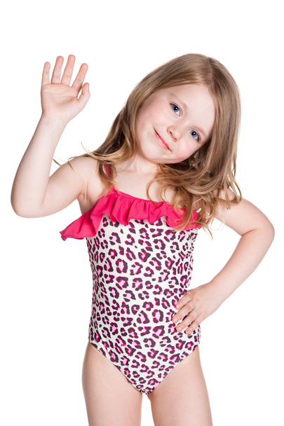 little blonde happy girl in pink swimsuit  - Fotografie, Obrázek