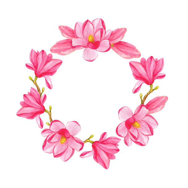 Round frame with watercolor pink magnolia flowers on a white background. Template for the design of cards, invitations, flyers, posters and more. Template for wedding greeting and invitation cards. - Foto, afbeelding