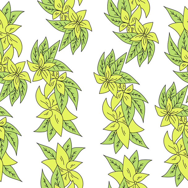 Nahtloses Muster vertikaler Zweigreihen mit grünen Blättern und sanften gelben Blüten auf weißem Hintergrund - Vektor, Bild