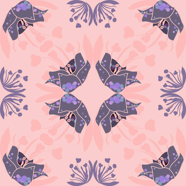 Varrat nélküli vektor ismétlődő minta elegáns bonyolult virágok rendezett szimmetria dekoratív polka pontok rózsaszín és lila - Vektor, kép
