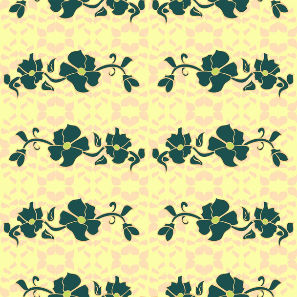 Vector extravagante patrón sin costuras repetidas con flores de color azul marino y fondo de efecto de encaje amarillo neón - Vector, Imagen