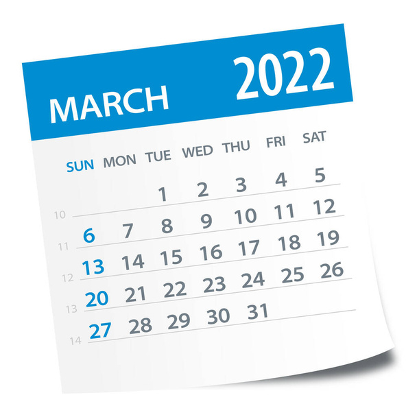 Março de 2022 Folha do Calendário - Ilustração. Página gráfica vetorial - Vetor, Imagem