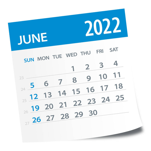 Junho 2022 Folha do Calendário - Ilustração. Página gráfica vetorial - Vetor, Imagem