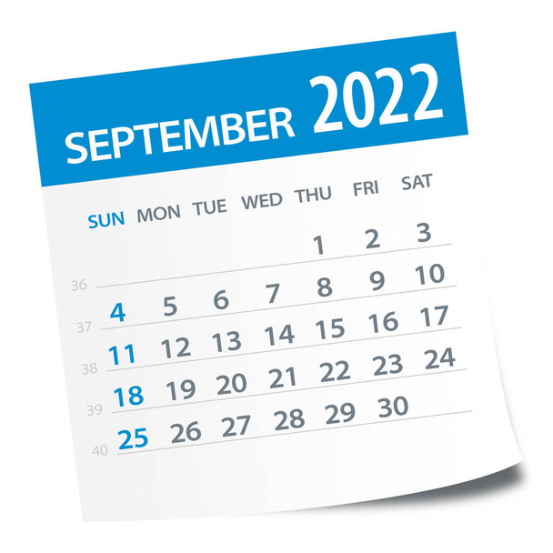 Setembro 2022 Folha do Calendário - Ilustração. Página gráfica vetorial - Vetor, Imagem