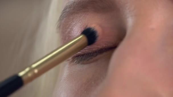 Un client dans un salon de beauté fait du maquillage. maquillage artiste fait ombre à paupières - Séquence, vidéo