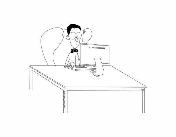 Lustige Zeichentrickfiguren oder Nerds sitzen im Stuhl am Schreibtisch und arbeiten am Computer. Funny guy Sekretär oder Student mit Fliege und Brille schaut auf Monitor. Raster-Abbildung wie Skizze in schwarz-weiß - Foto, Bild