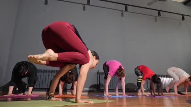 Entraîneur de yoga femme montrant l'équilibre des mains avec les jambes courbées en séance d'entraînement de groupe - Séquence, vidéo