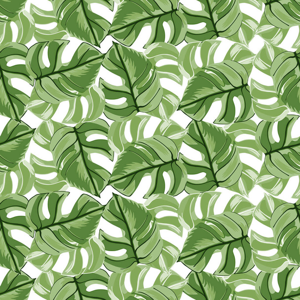 Scrapbook seamless pattern with random green doodle monstera leaf elements. Isolated print with white background. Perfect for fabric design, textile print, wrapping, cover. Vector illustration. - Vektor, Bild