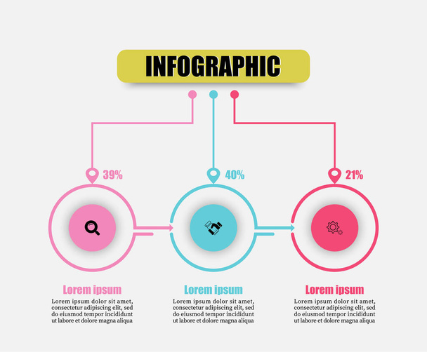 Circle vector illustration with 3 steps, options, marketing icons. Vector illustration round infographics three elements. Can use timeline for business, workflow diagram, annual report, web design. - Vector, Image